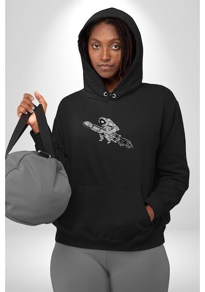 Roket Astronot Kadın Erkek Siyah Kapüşonlu Sweatshirt Hoodie Siyah