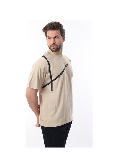 Madmext Bej Bisiklet Yaka Şerit Detaylı Pamuklu Erkek T-shirt E7033 Bej