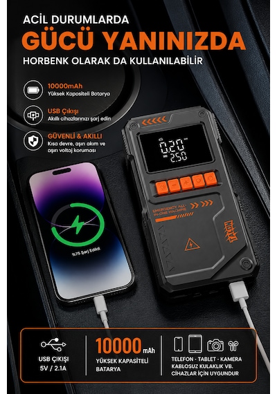Araç Akü Takviye Cihazı 4in1 Powerbank/hava Kompresörü/fener Işık 10.000 Mah 150psı