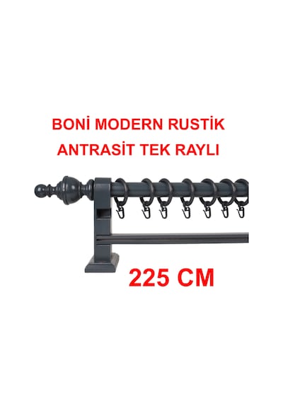Boni Modern Rustik Ahşap Rustik Perde Askısı Tek Raylı-antrasit 225 Cm Antrasit