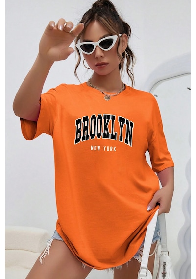 Unisex Brooklyn New York Baskılı Tasarım Tshirt Turuncu