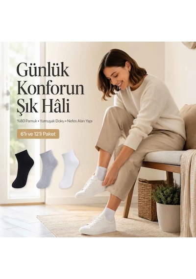 Çorap Giyim Kadın Kısa Konç Çorap 6 Lı Paket, %80 Pamuklu, Dikişsiz Burun, Nefes Alan Yumuşak Bilek Çorabı, Siyah Gri Beyaz Çok Renkli