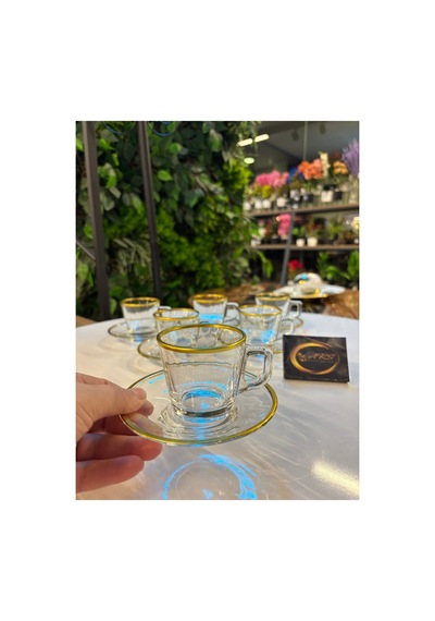 Özel Tasarım Gold Yaldızlı 6 Kişilik 12 Parça Kahve, Çay Fincanı Espresso Takımı, Cam Fincan, Modern