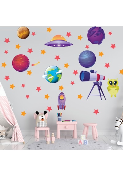 Gezegenler Teleskop Ve Yıldız Temalı Sticker Duvar Seti