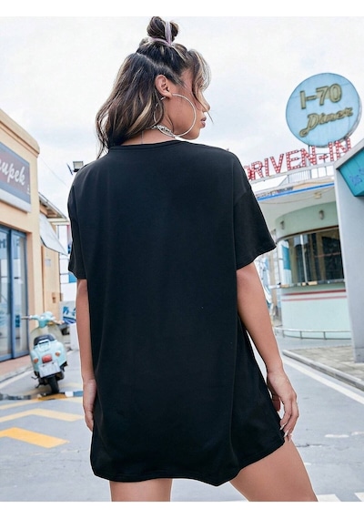 Flood Of Style Kadın Siyah Summer Racing Car Baskılı Oversize T-shirt