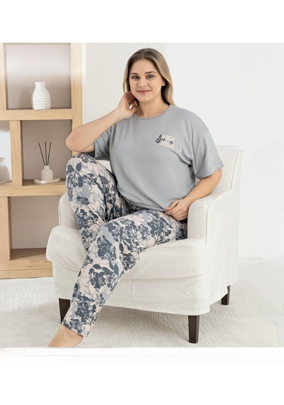 Pijamoni Kadın Ring Viskon Bisiklet Yaka Kısa Kol İnce Pijama Takımı 1445/4 - 1 Adet Gri