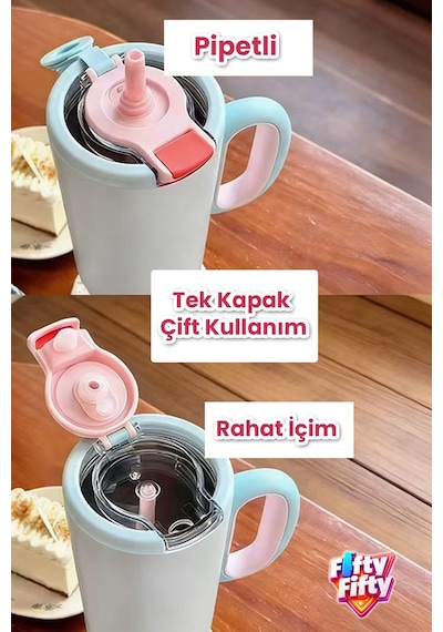 680 Ml Tek Kapak Çift Kullanım Pipetli Rahat İçim Kulplu Paslanmaz Çelik Termos Mug Ffvgn1113-680ml Mavi