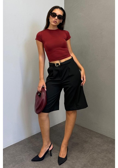 Madmext Siyah Pileli Kadın Bermuda Şort Mg2483 Siyah
