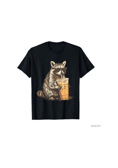 Flood Of Style Komik Rakun Buzlu Kahve Komik Hayvan Grafik Alaycı T-shirt Erkekler Kadınlar Için % 100% Pamu Siyah