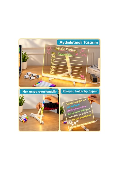 Yazı Çizim Tahtası Led Işıklı 20x30 Cm 7 Kalem Ve Stant Hediyeli Neon Işıklı Eğitici Not Tahtası Şeffaf
