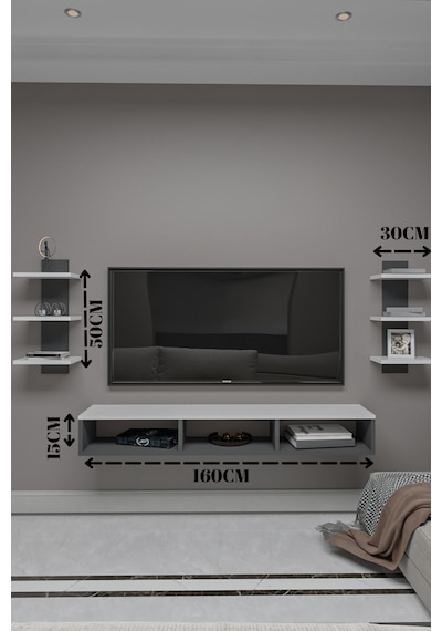 Dekoratif Raflı Tv Ünitesi,beyaz-atlantik Çam,portatif Minifix Kurulum Beyaz - Antrasit Dekoratif Raflı Tv Ünitesi,beyaz-atlantik Çam,portatif Minifix Kurulum Beyaz - Antrasit