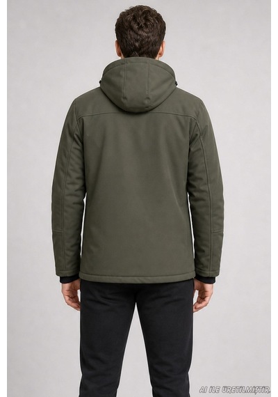 Freemen Erkek Kapüşonlu İçi Kürklü Su Ve Rüzgar Geçirmez Outdoor Softshell Mont-414 Haki