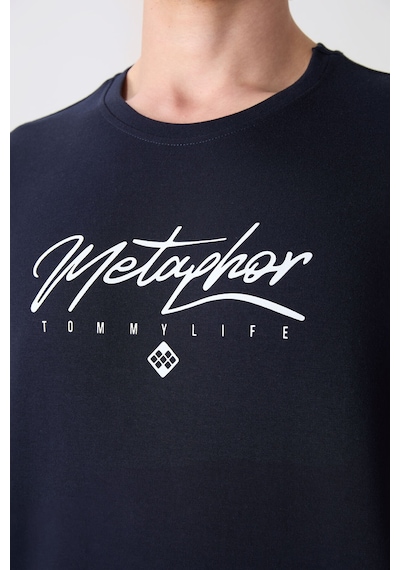 Tommy Life Lacivert Pamuklu Kalın Yumuşak Dokulu Oversize Fit Baskılı Erkek T-shirt - 88320 Lacivert