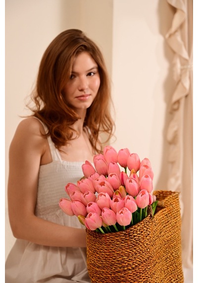 Pembe Yapay Tulipa Lale Çiçeği Buketi 5 Dallı Premium Canlı Islak Dokulu 43 Cm