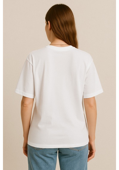 Kadın Tavşan Baskılı Oversize Beyaz T-shirt Beyaz