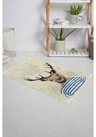Banyo Halısı Dijital Baskılı Banyo Paspası 50x80 Polyester Kaymaz Tabanlı Duş Paspası Deer Beyaz