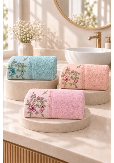 Bahar Dalı Çiçek Nakışlı El Yüz Havlusu 50x90 Cm 3 Lü Set %100 Pamuk - Coral Breeze Çok Renkli