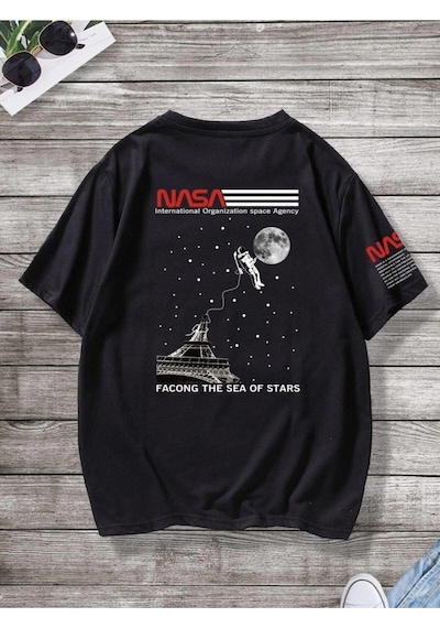 Erkek Siyah Oversize Nasa Baskılı T-shirt Siyah