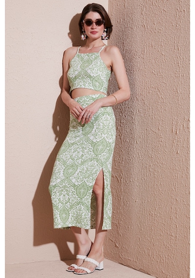 Lela Slim Fit Ip Askılı Yırtmaçlı Midi Alt-Üst Bayan Takım 5869021 Olive