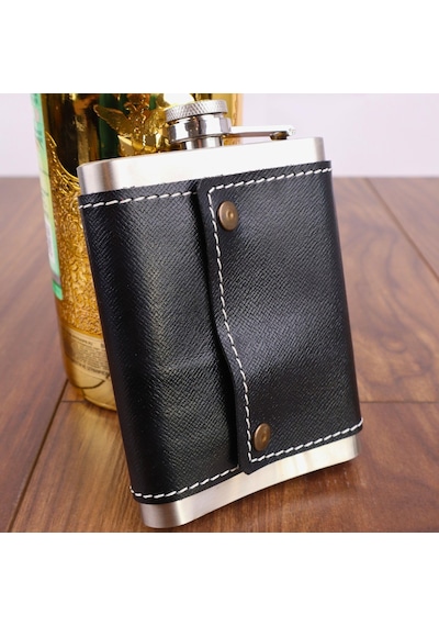 Perlotus 8 Oz 235 Cc Hunili Siyah Hakiki Deri Kılıflı Çelik Viski İçki Matarası Siyah
