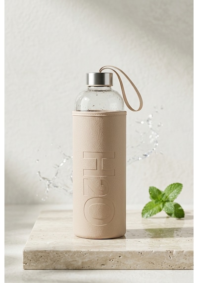 H2o Sağlıklı Cam Matara 1000 Ml Su Şişesi, Deri Kılıflı 1 Lt Sporcu Suluğu Bej