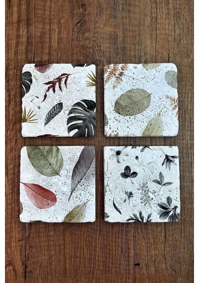 Bardak Altlığı Yaprak Desenler Baskılı Doğal Taş 4'lü Set 10x10x1 Cm Çok Renkli