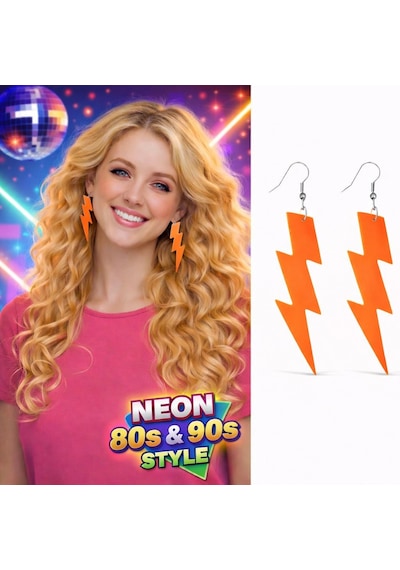 80 Ler 9039lar Retro Neon Turuncu Şimşek Küpe 10 Cm "