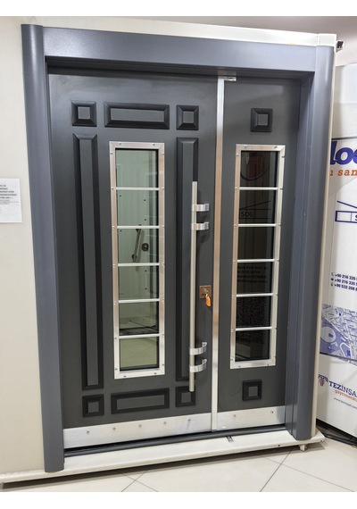 Çelik Kapı Modelleri Antrasit Kabartmalı Model Bina Kapısı Sol