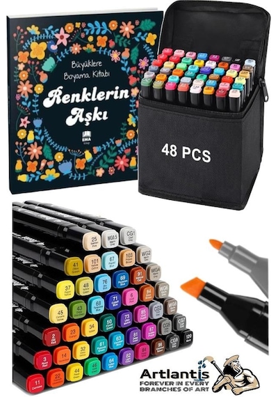 48 Adet Çift Taraflı Marker Kalem Çantalı 1 Paket 48 Renk Touch Markör Renklerin Aşkı Mandala Büyüklere Boyama Kitabı Çok Renkli