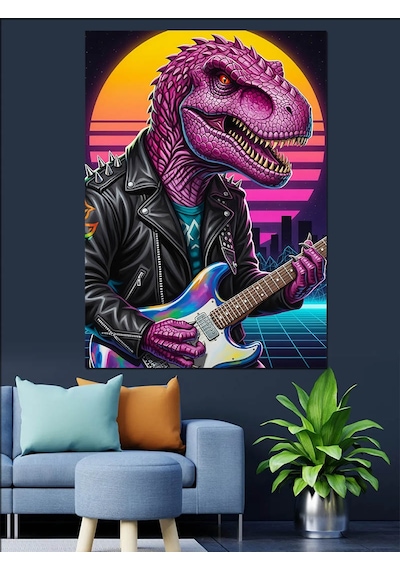 Ahşap Tablo Gitar Çalan Dinozor Rex