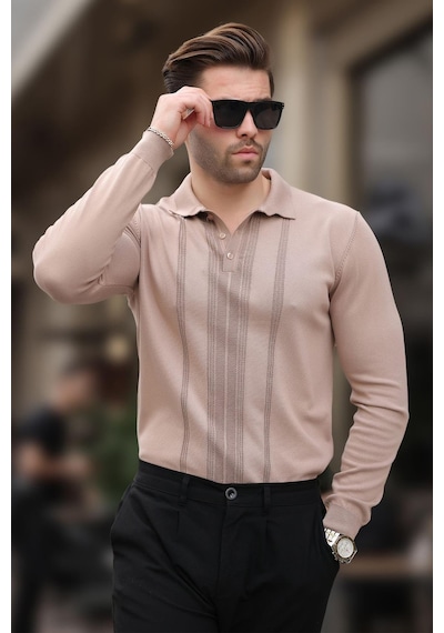 Madmext Bej Polo Yaka Çizgili Erkek Triko Kazak 7265 Bej