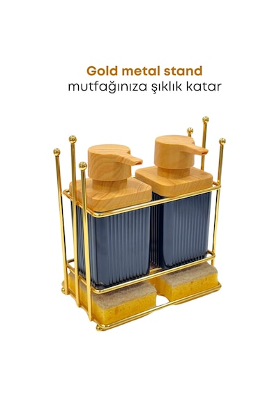 Grimorlife Ahşap Desenli Altın Gold Metal Standlı Bulaşık Deterjanı Sıvı Sabunluk Mutfak Seti-sünger Siyah