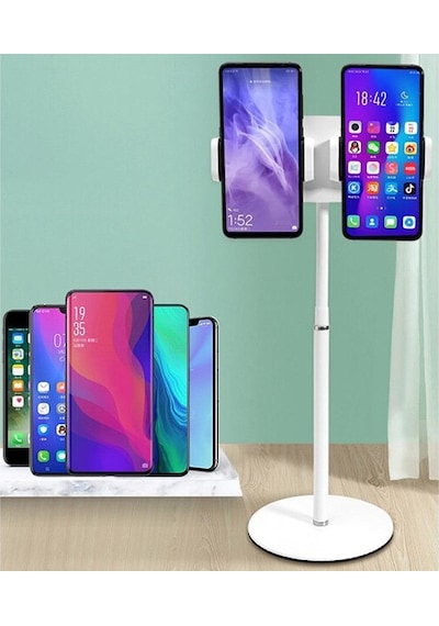 Ally Masa Üstü 2 Telefon Tutucu Stand Youtuber,Canlı Yayın Selfi-Beyaz
