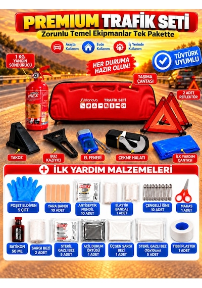 Araç Muayene Uyumlu 22 Parça Acil Durum Ve Profesyonel Trafik Seti ''ab Onaylı Ve Ce Belgeli'' Kırmızı