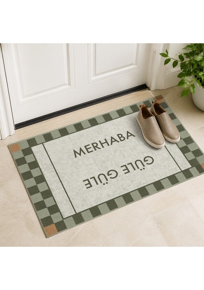 Kartela Halı Merhaba Güle Güle Damalı Kapı Paspası Adaçayı Yeşili Kaymaz Kauçuk Taban 50x75 Cm