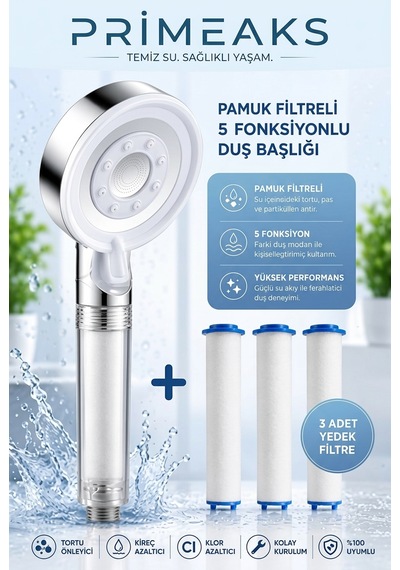 Filtreli Duş Başlığı 3 Yedek Filtreli Su Arıtmalı Duş Başlığı Kireç Önleyici Beyaz