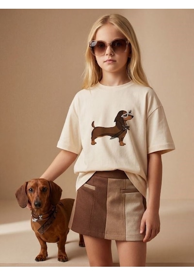 Zekids Kız Çocuk Köpek Baskılı Taş Detaylı Tasarım T-shirt-17187 Krem