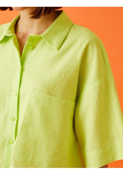Koton Oversize Crop Kısa Kollu Gömlek Keten Karışımlı Yeşil 2sal60007ıw