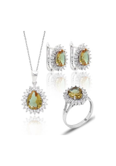 Zirkon Ve Zultanit Taşlı Damla Model 925 Ayar Gümüş Kadın Takı Seti 201025661