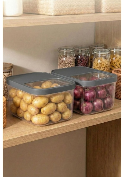2'li 12 Lt Multibox Füme Kayar Kapaklı Saklama Kabı & Erzak Kabı & Patates Soğan Kovası Siyah