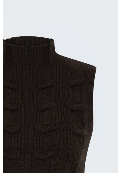 Sateen Örgülü Sıfır Kol Triko - Kahve-137891