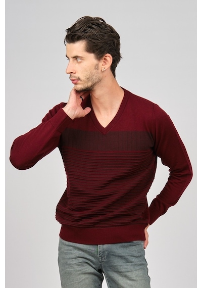 Desen Triko Erkek V Yaka Desenli Yün Kazak 0249640 Bordo Bordo