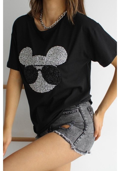 Femelle Kadın Yeni Sezon Bisiklet Yaka Pamuklu T-shirt Siyah