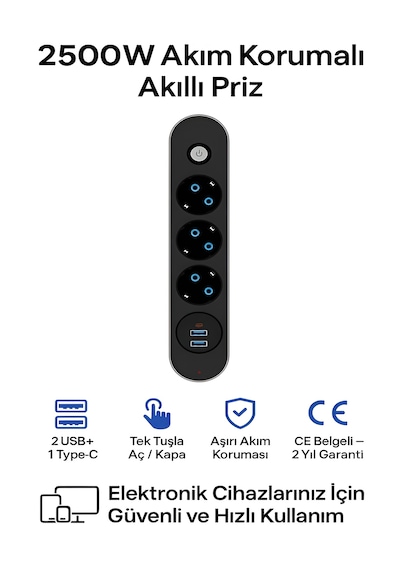 Ftr 2500w Termal Akım Korumalı 3 Lü Priz 2 Usb, 1 Type-c, Sigortalı Çoklayıcı, 2 M Kablo 0.2 M