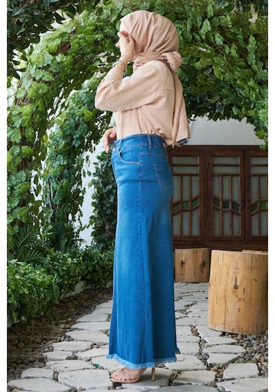 2252-denim Püsküllü Etek Koyu Mavi Koyu Mavi