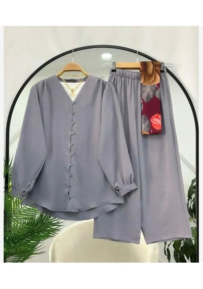 Lovie Moda Kadın Ayrobin Mini Düğmeli Takım Gri