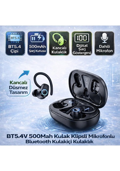Coofbe Bluetooth Vers.5.4 500mah Kancalı Kulakiçi Bluetooth Kulaklık Şarj Göstergeli Stereo Kulaklık