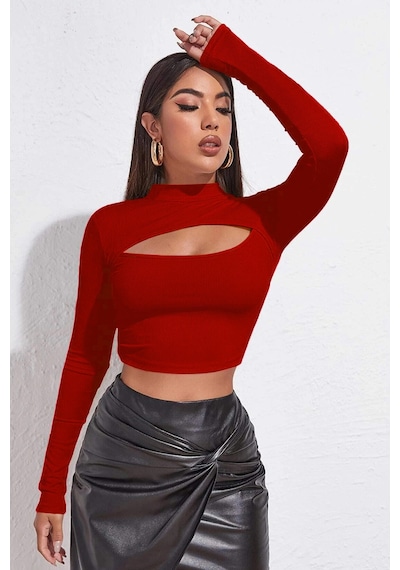 Moda Dua Kadın Kırmızı Göğüs Dekolteli Uzun Kollu Cut Out Crop Top Bluz