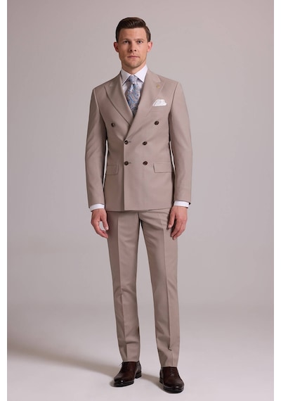 Erkek Krem Slim Fit Kruvaze %100 Yün Takım Elbise