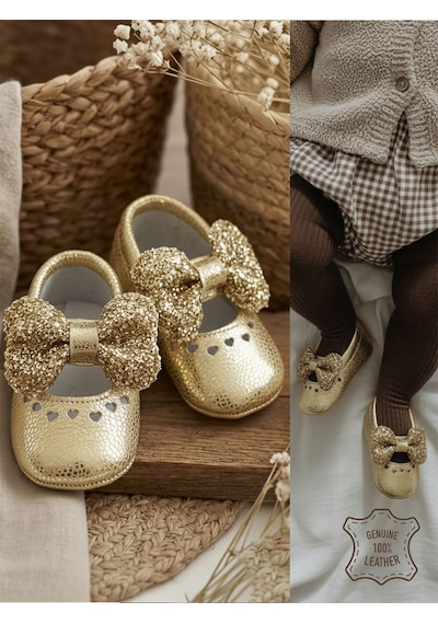 Denokids Kız Bebek Patik Hakiki Deri Gold Yumuşak Taban Ayakkabı 17-21 Numara Renkli